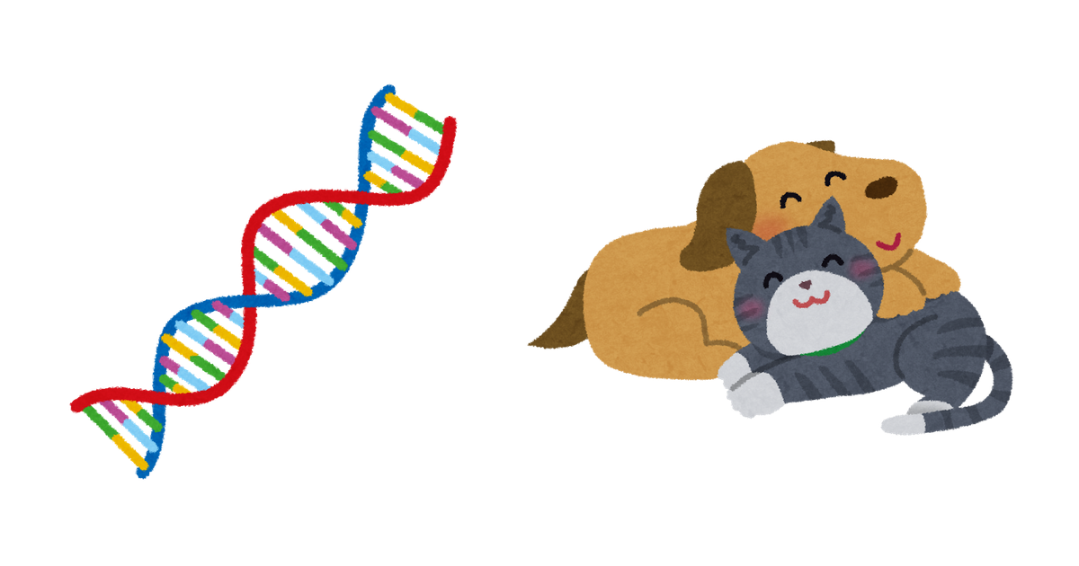 Illustration of a dog, a cat and a DNA double helix