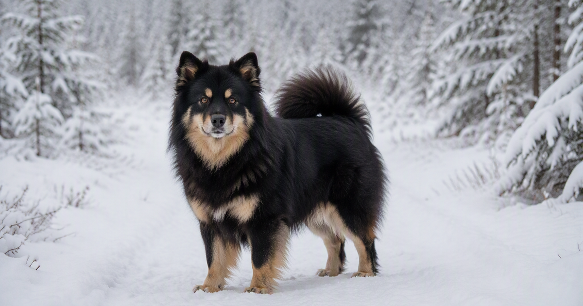Finnish Lapphund standing in snowy forest